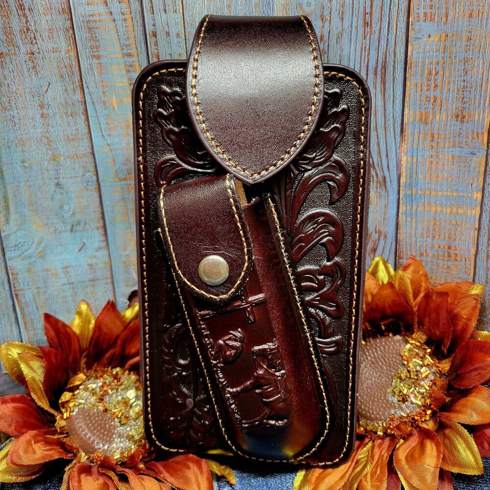 Praying Cowboy Leather Phone Holstor With Knife Sheath & Belt Clip Sz LARGE 7x4"